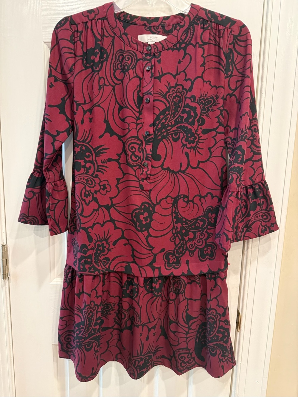 LOFT XS Flirty Raspberry  Red Mini Dress with Long Bell Sleeves
